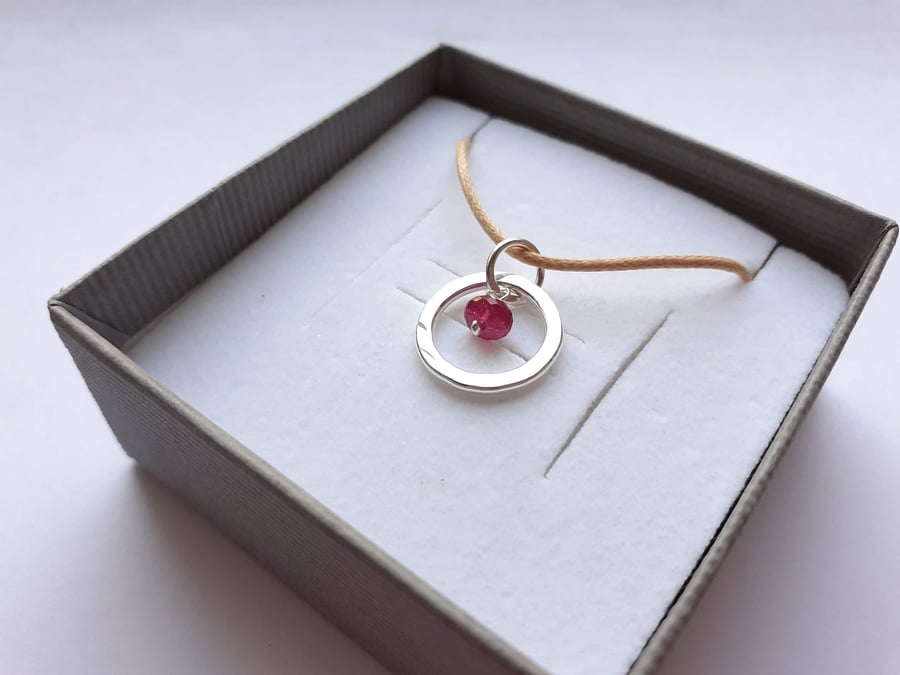 Silver Circle Pendant with Ruby Stone