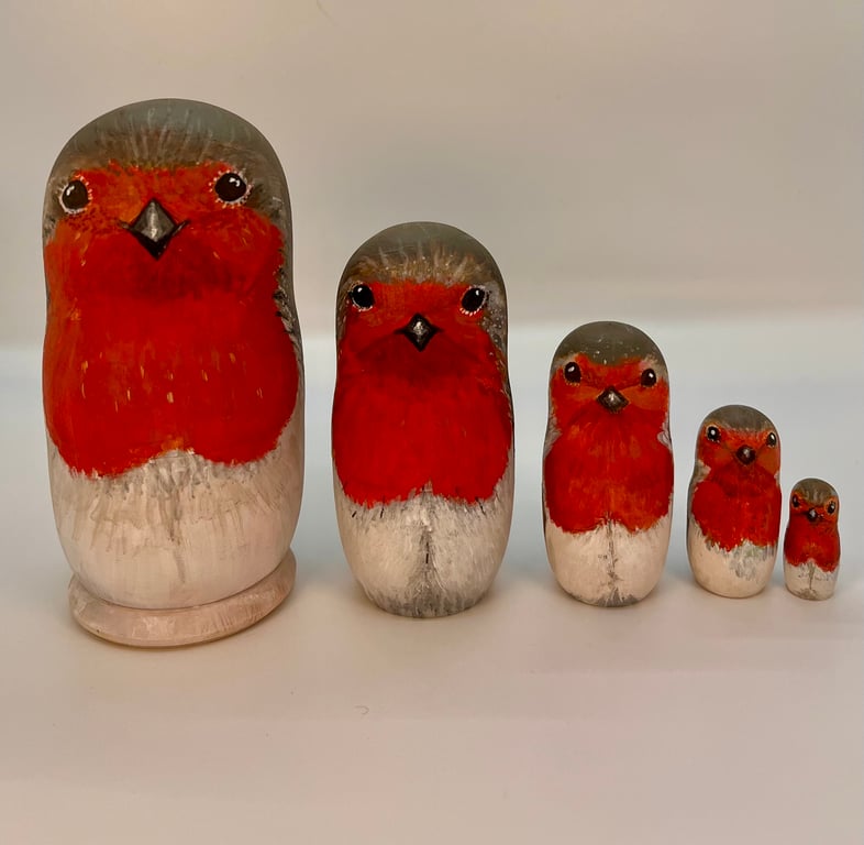 Unique and original hand painted Robin bird nesting dolls mini set of 5
