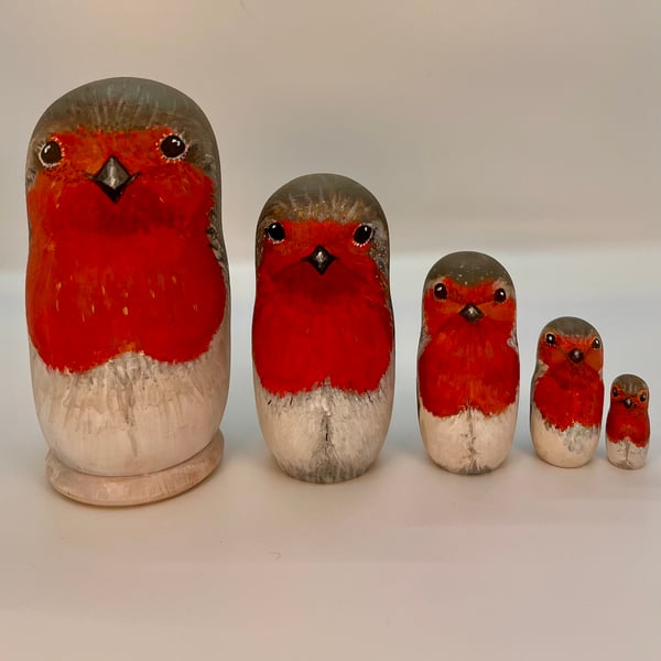 Unique and original hand painted Robin bird nesting dolls mini set of 5