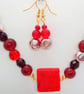 Red Beaded Necklace with Red Tile Pendant and Earrings Set, Gift for Her - Image 7