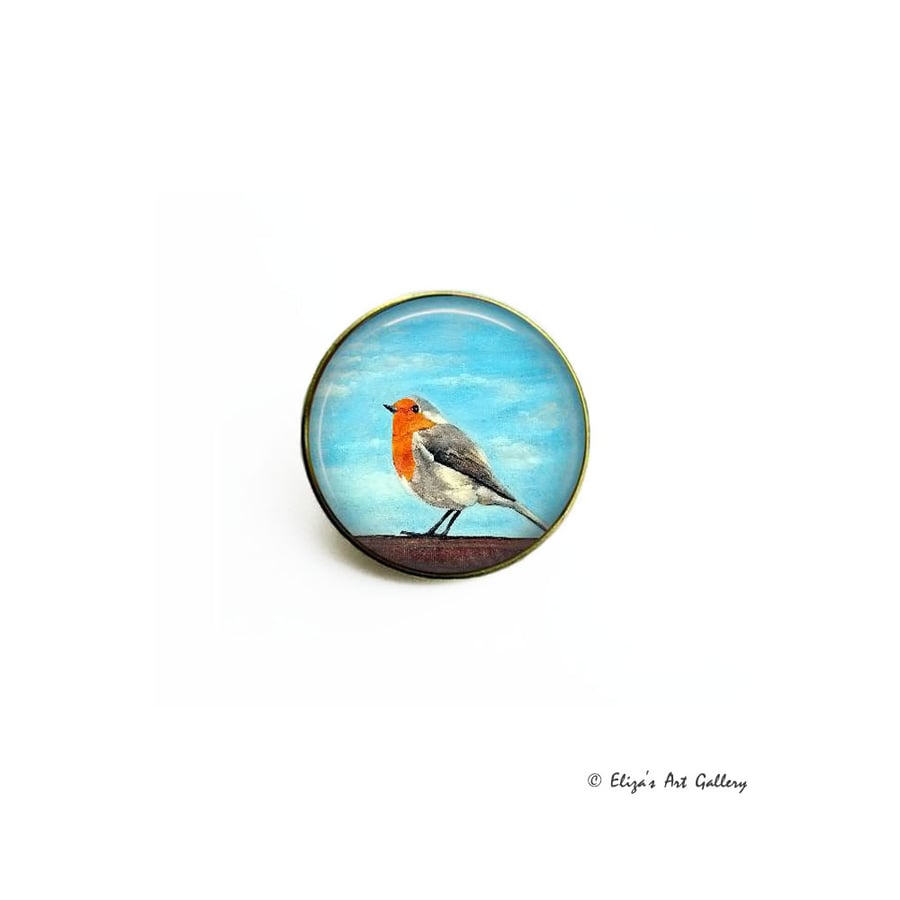 Gold Tone Robin Bird Art Brooch