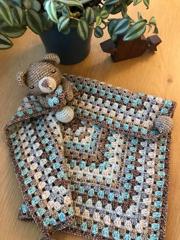 Crocheted Quin the Teddy Bear Baby Comforter - Handmade Baby Snuggle Lovey.