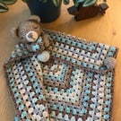 Crocheted Quin the Teddy Bear Baby Comforter - Handmade Baby Snuggle Lovey.