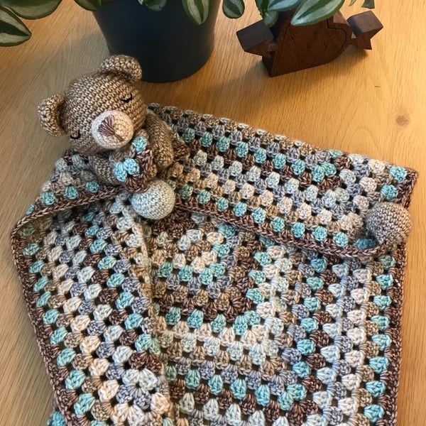 Crocheted Quin the Teddy Bear Baby Comforter - Handmade Baby Snuggle Lovey.