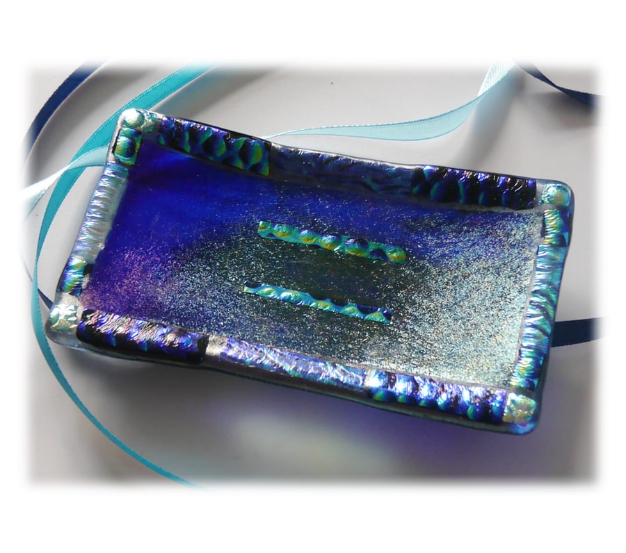SOLD Soap Dish Fused Glass Blue dichroic Trinket 015