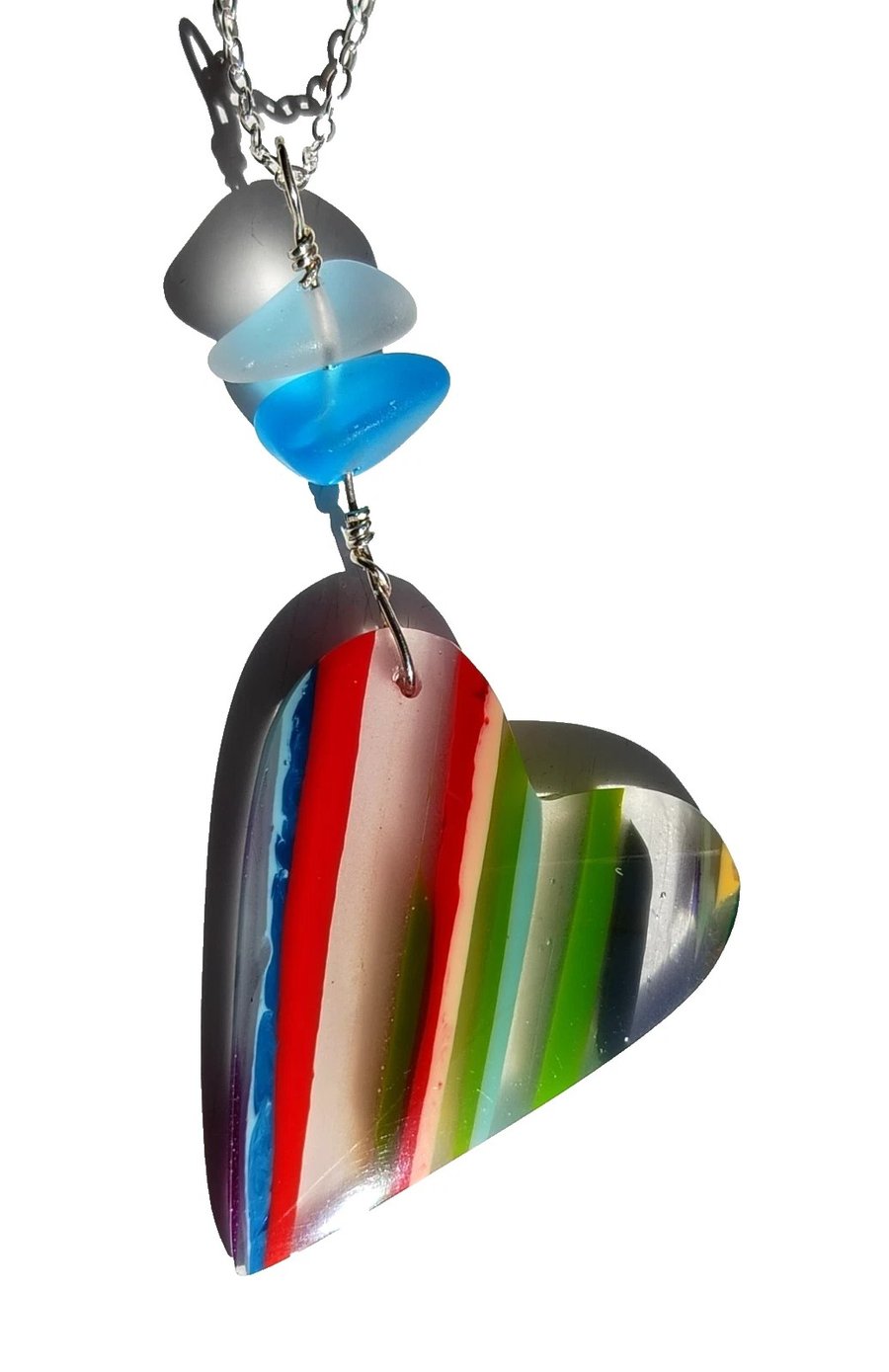 Surfite & Blue Seaglass Heart Necklace Sterling Silver Handmade Jewellery Gift