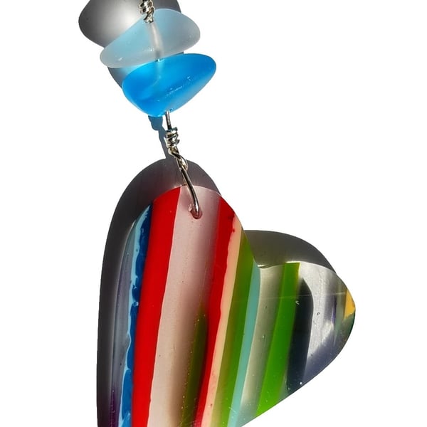 Surfite & Blue Seaglass Heart Necklace Sterling Silver Handmade Jewellery Gift