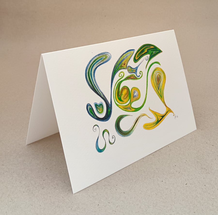 Abstract art handmade card of a green pencil drawing