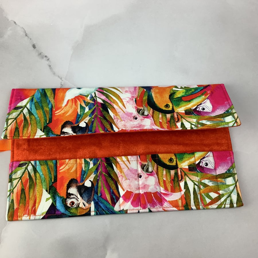 Birds fabric brush roll, Jungle birds pencil wrap, Tool wrap,  Handmade