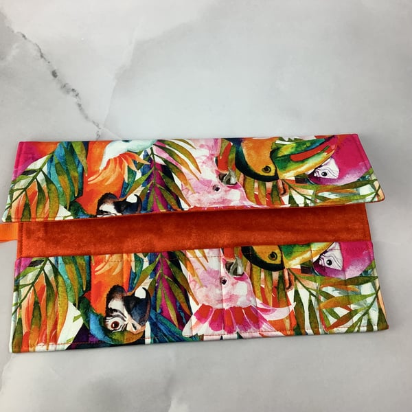Birds fabric brush roll, Jungle birds pencil wrap, Tool wrap,  Handmade
