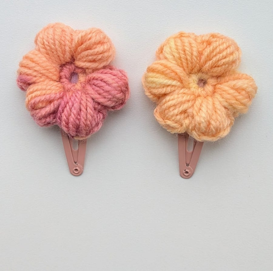 Pair of Orange & Dusky Pink Crochet Flower Hair Clips 