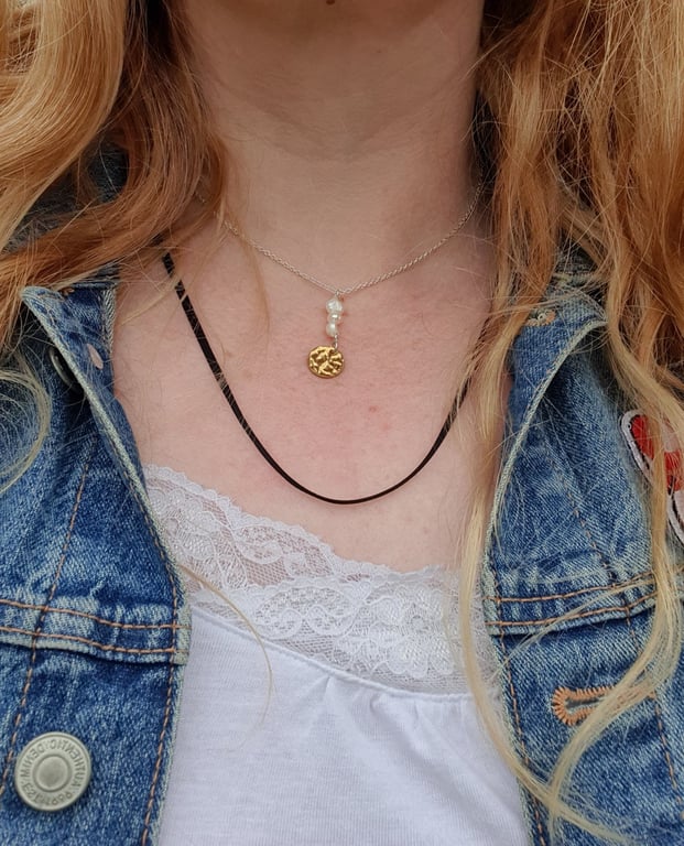 Fresh water pearl charm and ribbon sterling silver necklace