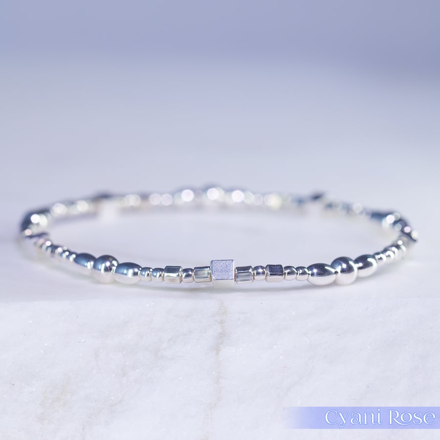 Dainty Sterling Silver multi bead stacking bracelet stretchy 