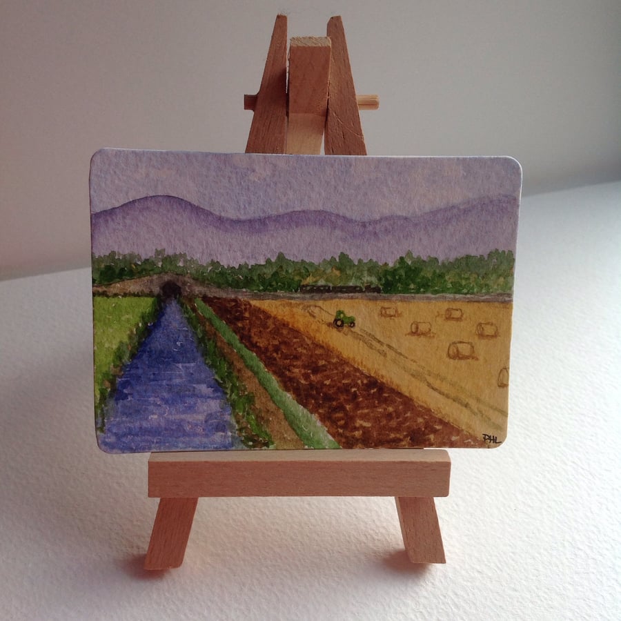 ACEO 'Fields and Mountains' original watercolour