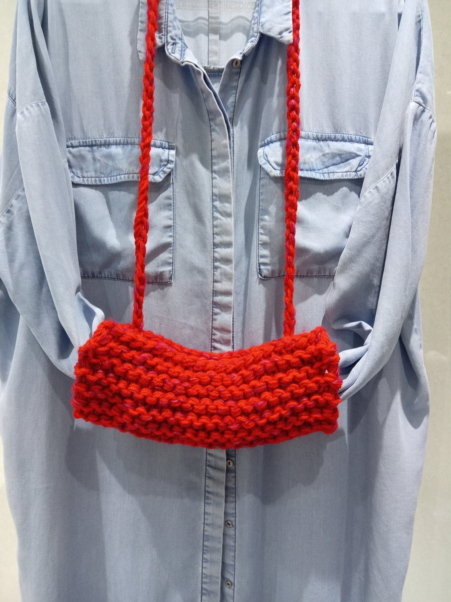 Chunky Bright Red Hand Knitted Hand Warmer Muff with Neck Strap