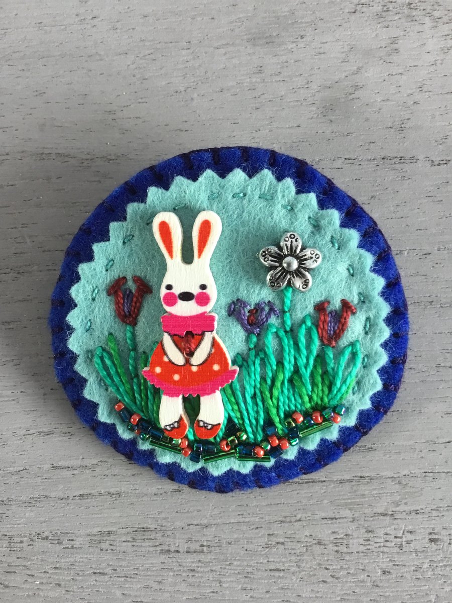 Hand Embroidered Easter Rabbit Brooch 