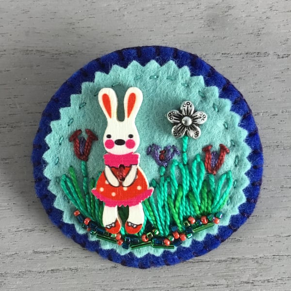 Hand Embroidered Easter Rabbit Brooch 