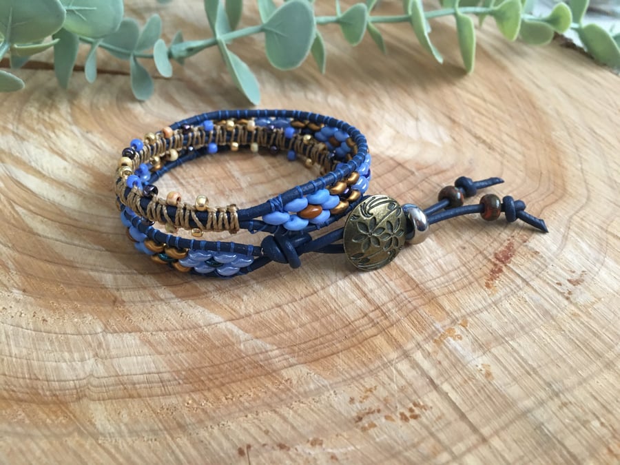 Blue and bronze Italian leather beaded wrap bracelet, xmas gift for her, boho