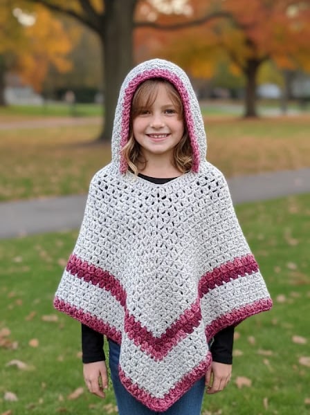 Handmade Chunky Wool Blend Child Poncho with Hood – Warm Winter Kids Cape 