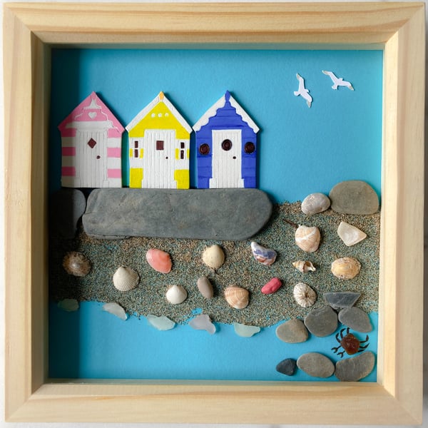 Beach hut framed picture made with Cornwall beach finds 