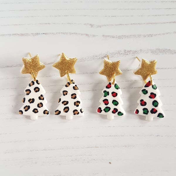 Leopard Print Christmas Tree and star earrings CHOOSE YOUR COLOUR