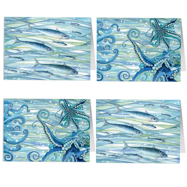 Greetings Cards (Pack of 4) Seaside Watercolour Art. Underwater Octopus and Fish