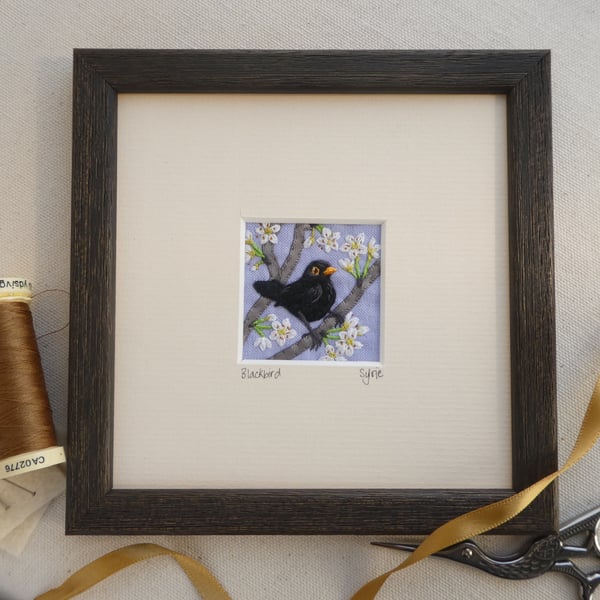 Blackbird and Blossom - hand stitched picture