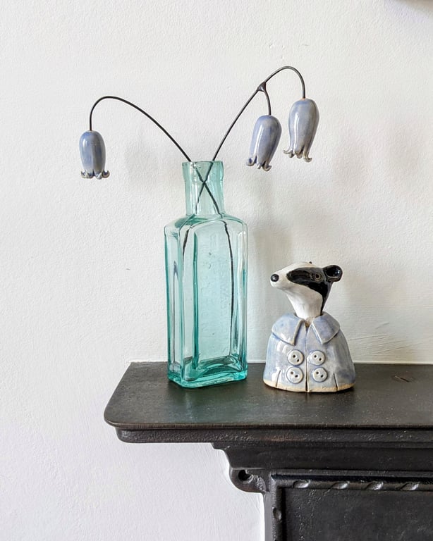 Ceramic Bluebell Flowers, Wired for Arranging, Two stems (Three Flowers) in Blue