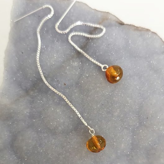 Amber Bead and Sterling Silver Threader Earrings