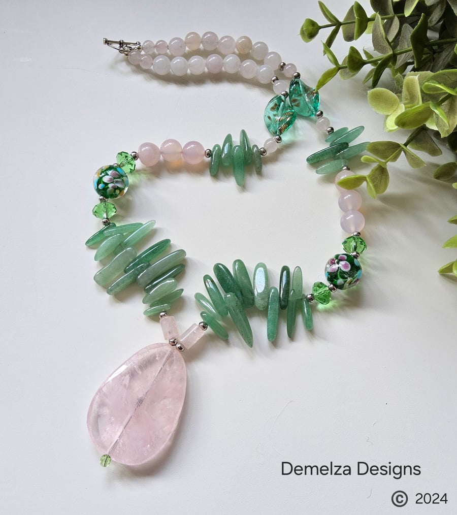 Designer Green Aventurine, Rose Quartz, Crystal & Hand Bown Glass Bead Necklace 