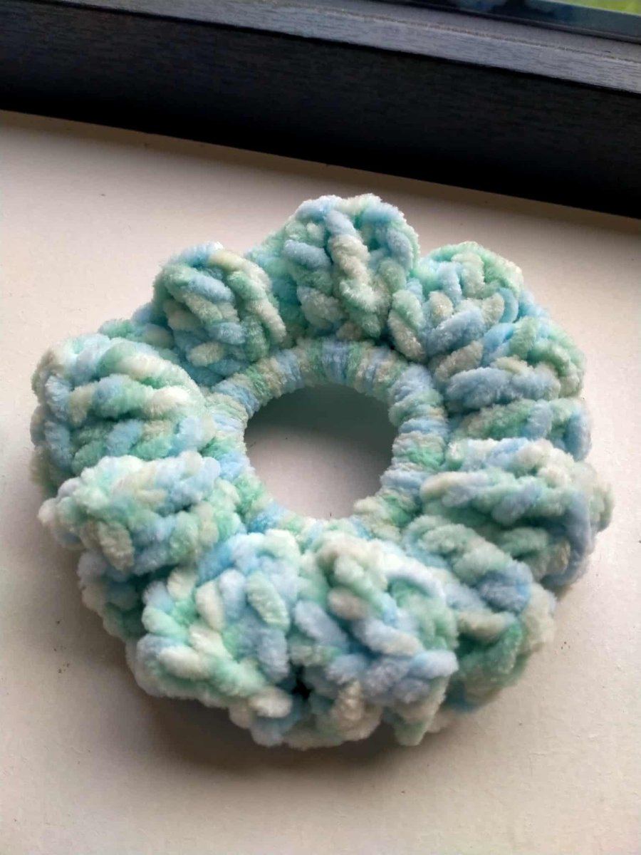 Handmade Blue, Mint and White Crocheted Ruffle Scrunchie