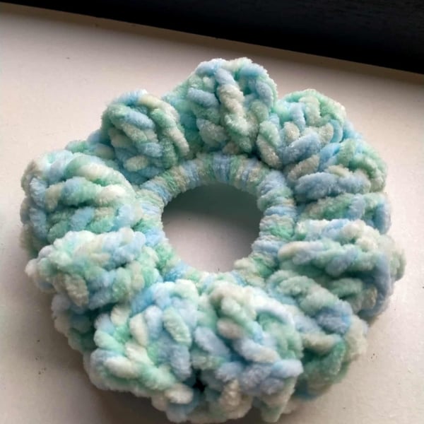 Handmade Blue, Mint and White Crocheted Ruffle Scrunchie
