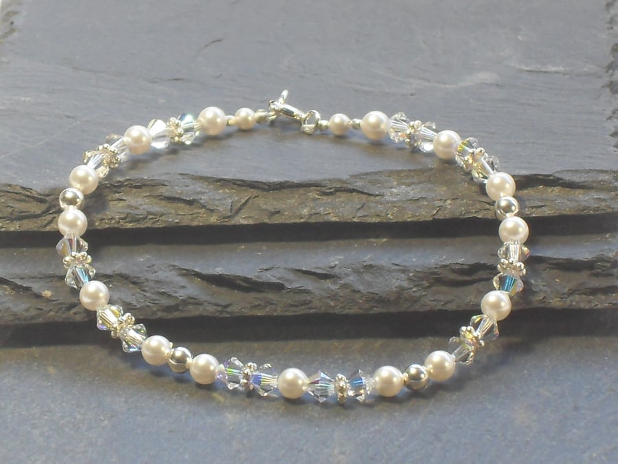 Natalie Bracelet - White Pearl, Sterling Silver and Crystal
