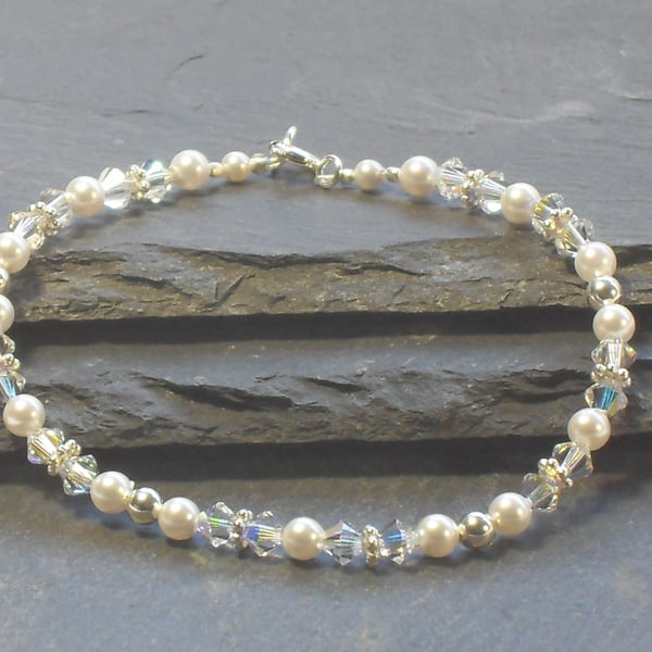 Natalie Bracelet - White Pearl, Sterling Silver and Crystal