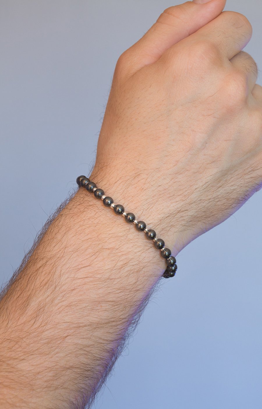 Bracelet polished hematite and sterling silver stretch handmade