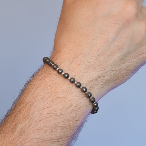 Bracelet polished hematite and sterling silver stretch handmade