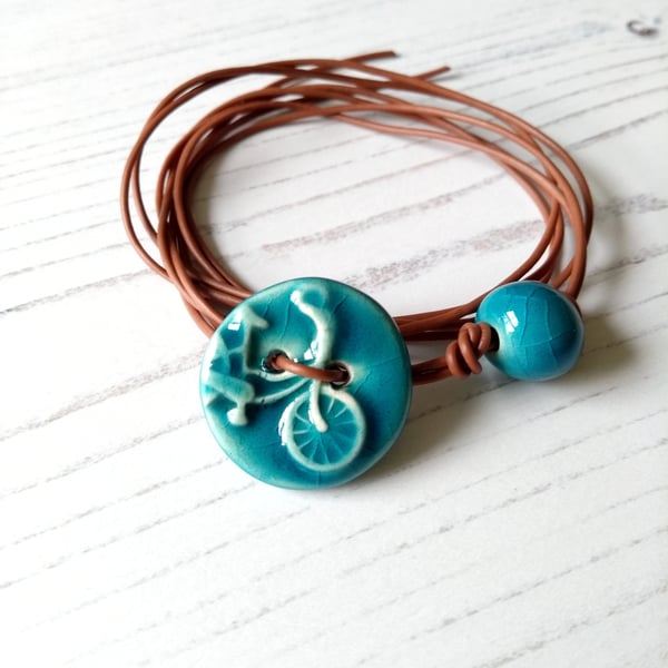 Vegan Bicycle Button Wrap Bracelet in Turquoise Blue