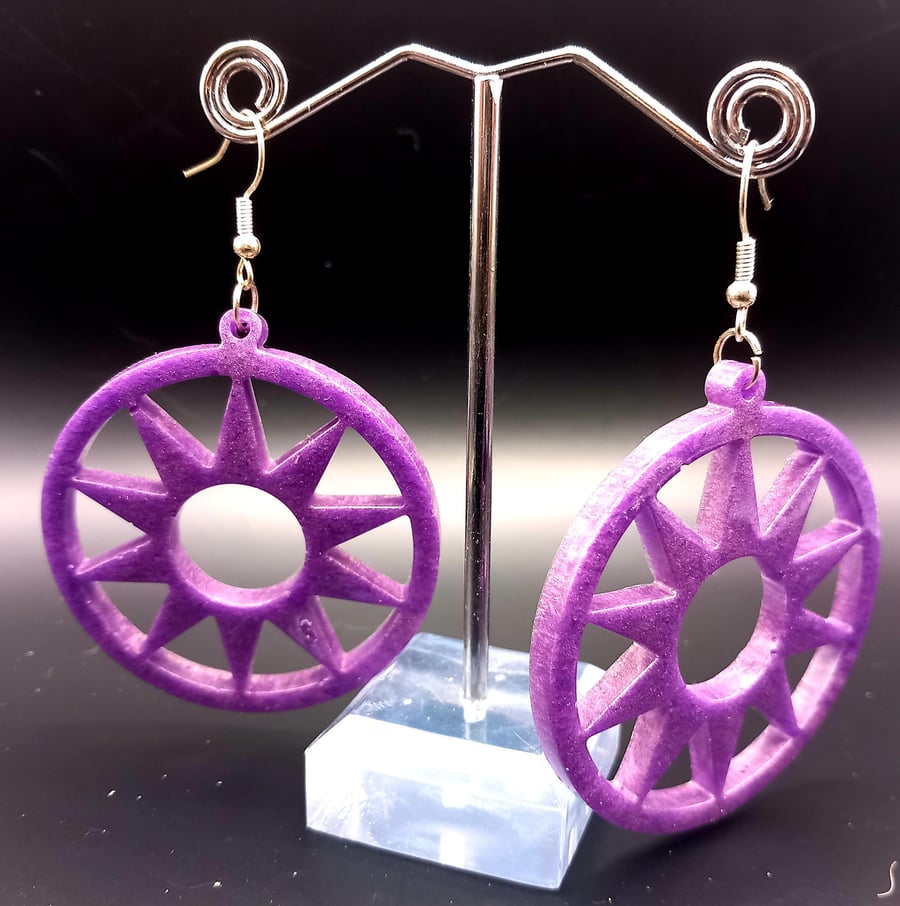 Large Round Purple Drop Earrings with Sun Cut-Outs