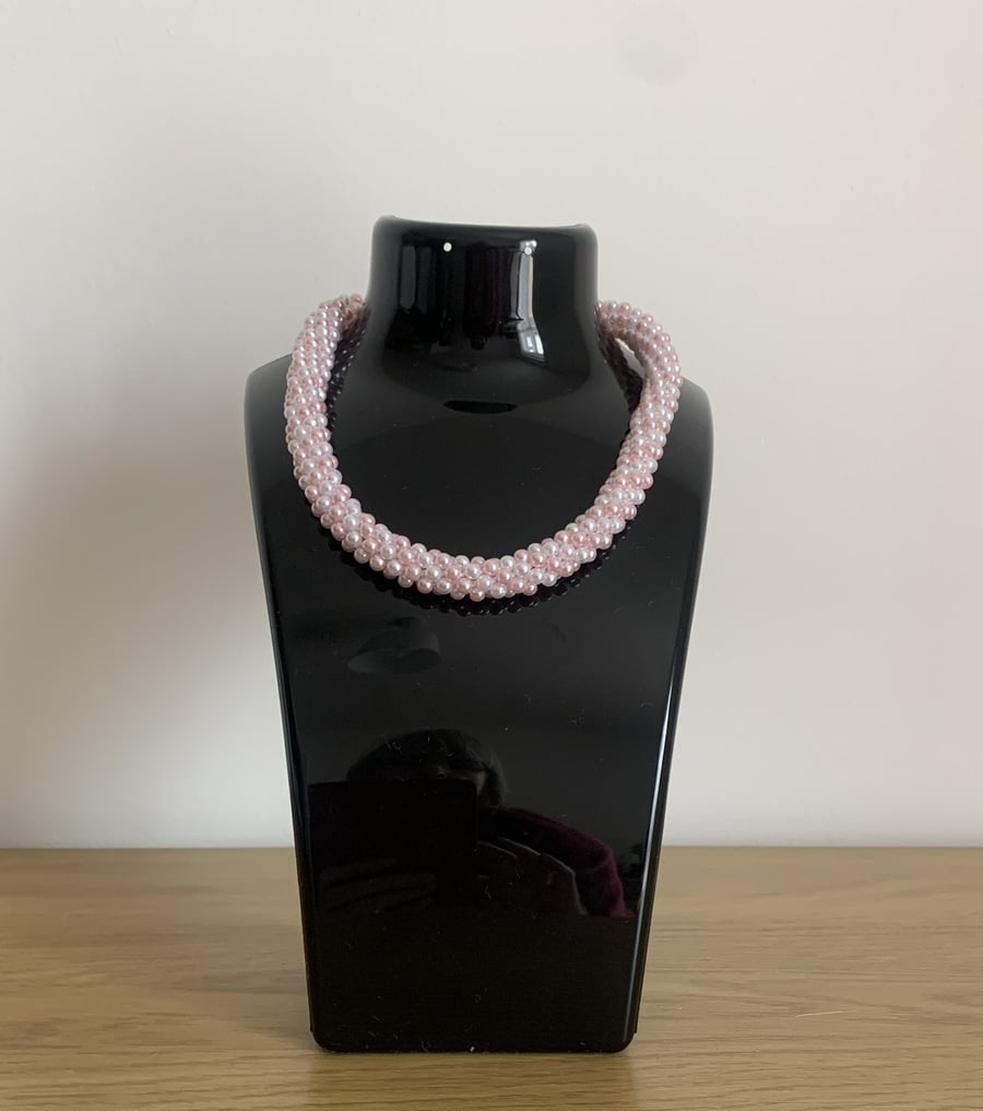 Lovely White & Pale Pink Pearl Woven Choker Necklace