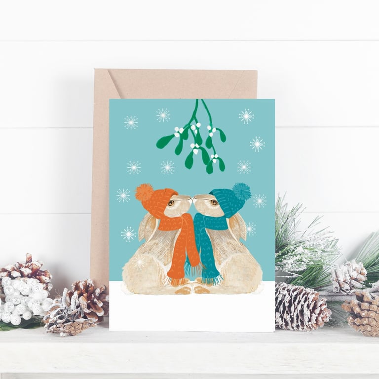 Hare Christmas Card Couple Mistletoe Blank Card