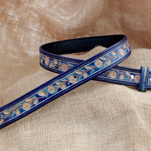 Handmade Blue Floral Leather Belt with Silver Coloured Buckle