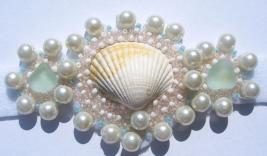 Sea glass and seashell barrette - hair clip. 