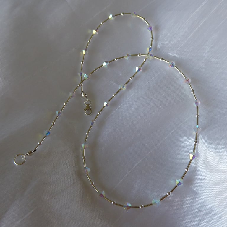 16 inch Choker Necklace in Sterling Silver with Swarovski AB coated Crystals 
