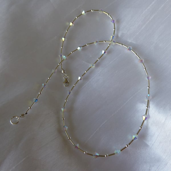 16 inch Choker Necklace in Sterling Silver with Swarovski AB coated Crystals 
