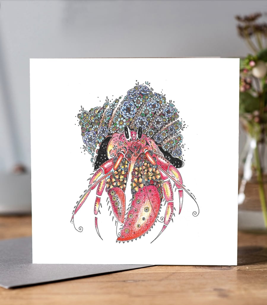 Beautifully floral Hermit Crab greeting card 