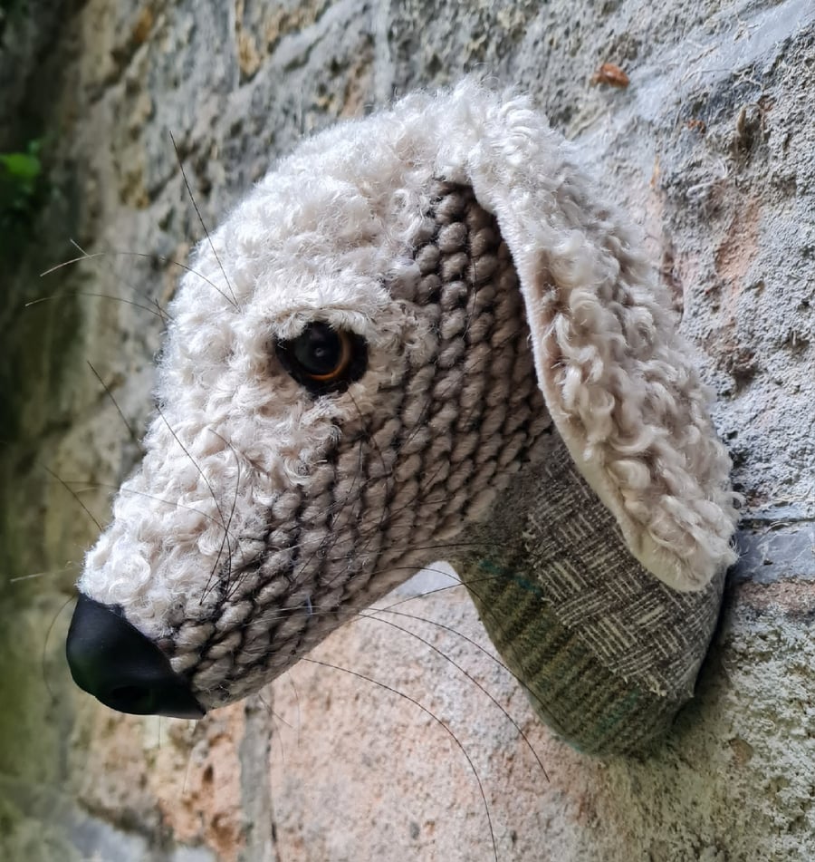 Custom faux Bedlington Terrier head in faux fur & tweeds 