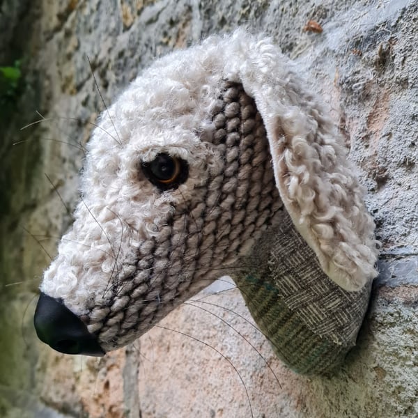 Custom faux Bedlington Terrier head in faux fur & tweeds 