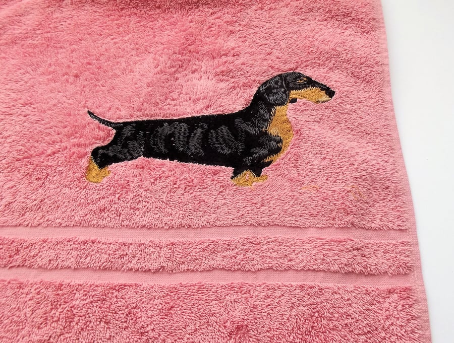 Dachshund Dog Embroidered Bath Towel. Dusky Pink, T14