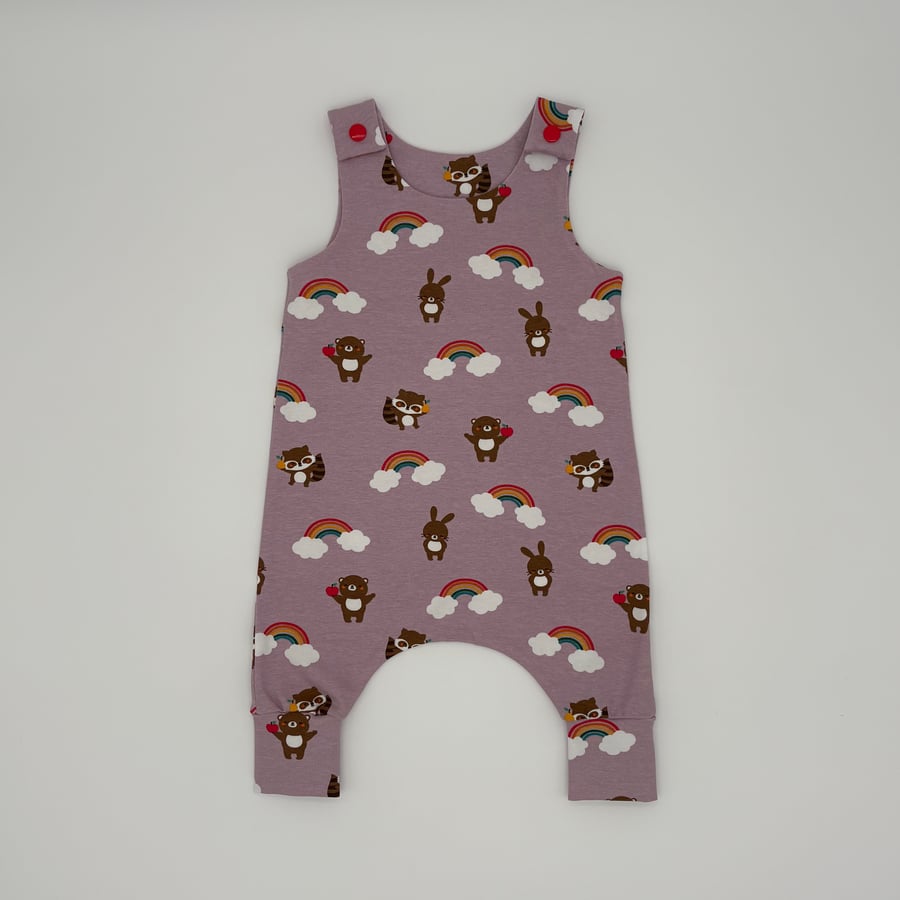 Bear, Rabbit, Racoon, Rainbow raspberry pink handmade dungarees, Baby romper
