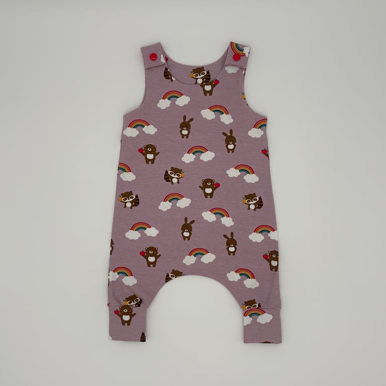 Bear, Rabbit, Racoon, Rainbow raspberry pink handmade dungarees, Baby romper